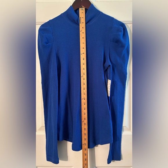 FREE PEOPLE Medium Tattooed Heart Puff Sleeve Mock Neck Royal Blue Cotton Rich - Picture 8 of 10